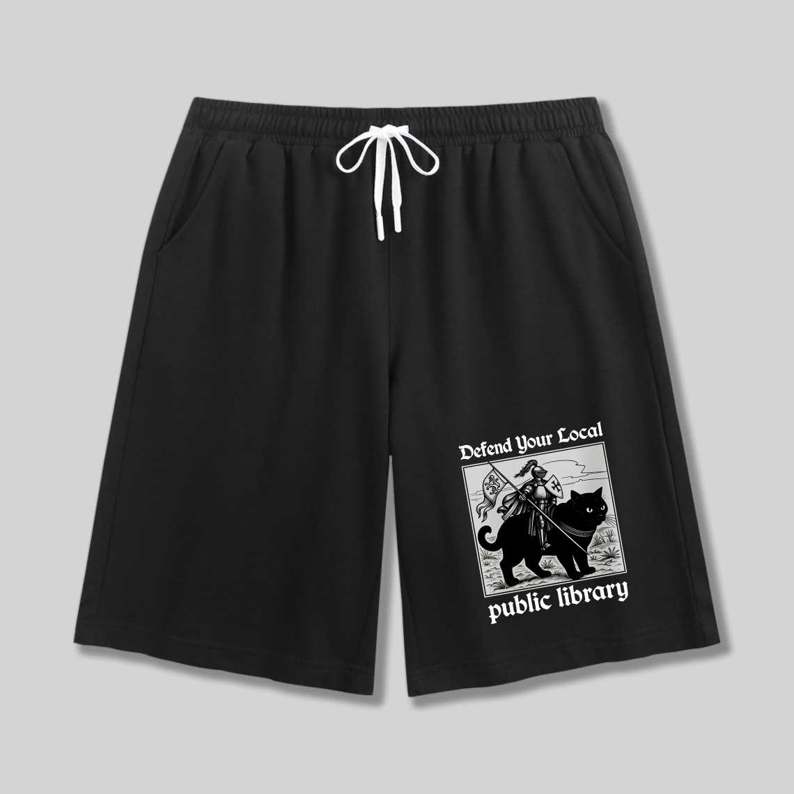 Wardrobecart Defend Your Local Public Library Cat With Sword And Shield Shorts