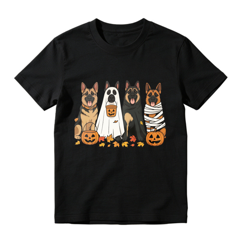 Halloween German Shepherd Dogs In Costumes With Pumpkins And Autumn Leaves, Unisex Classic T-shirt