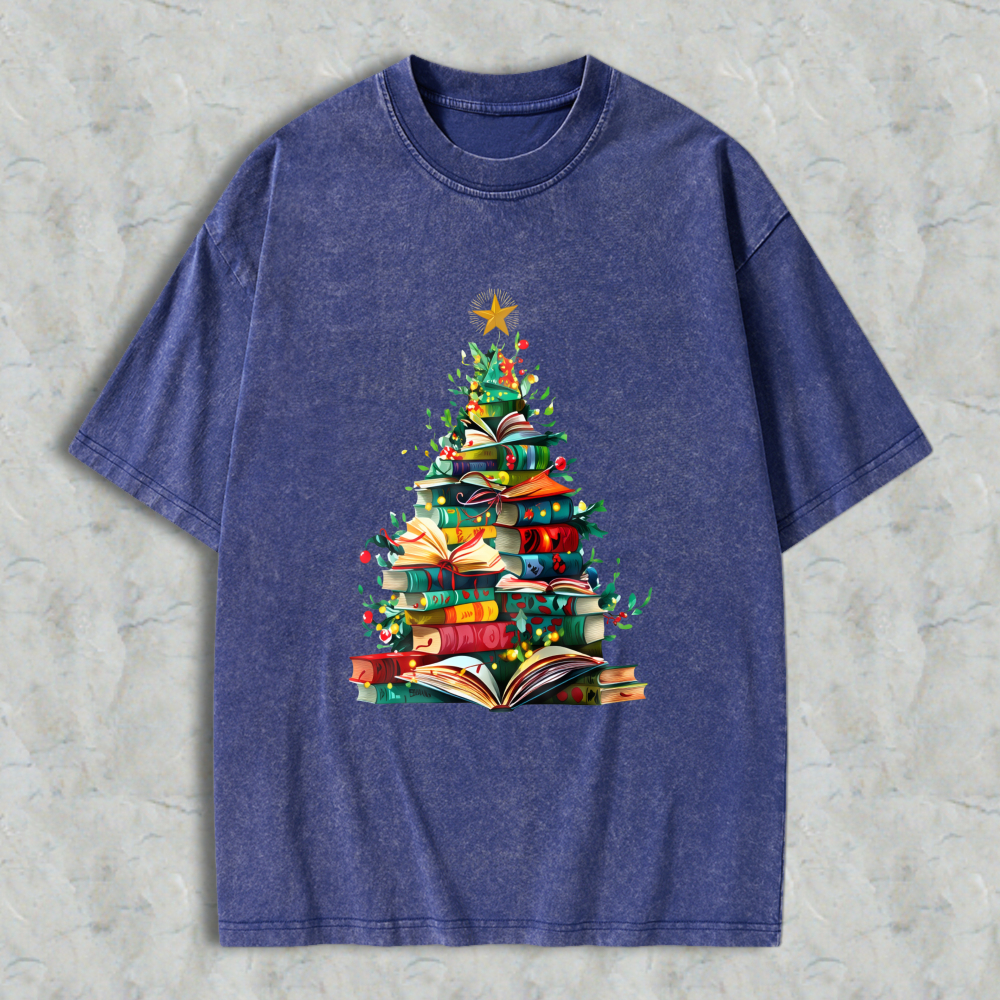 Wardrobecart Christmas Tree Made Of Books Unisex Washed T-shirt