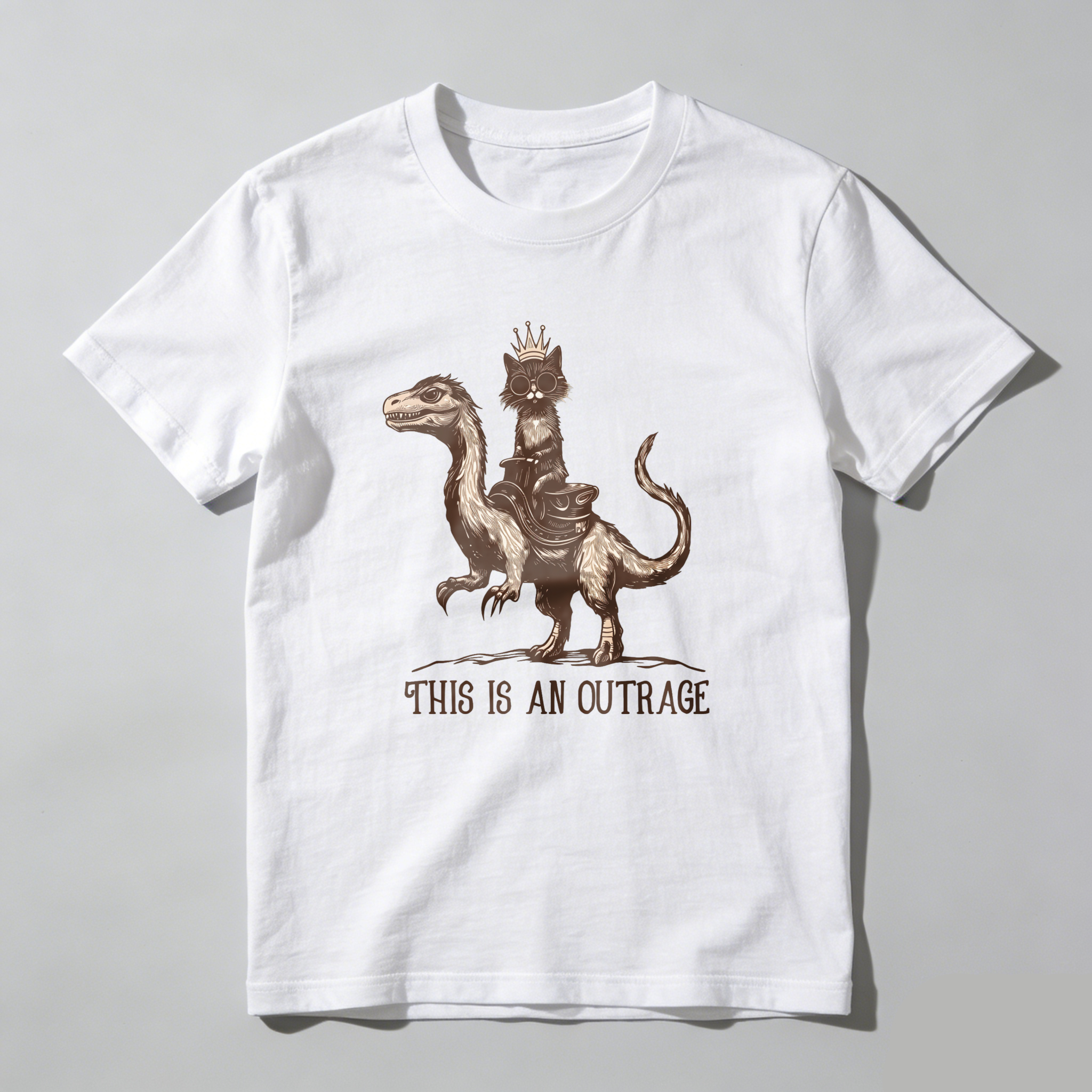 Wardrobecart Cat King Riding Dinosaur This Is An Outrage tshirt