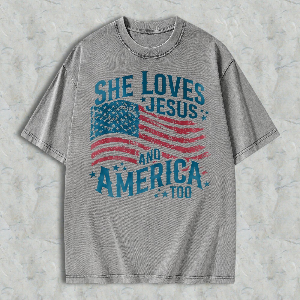 She Loves Jesus And America Too American Flag Design Washed T-shirt