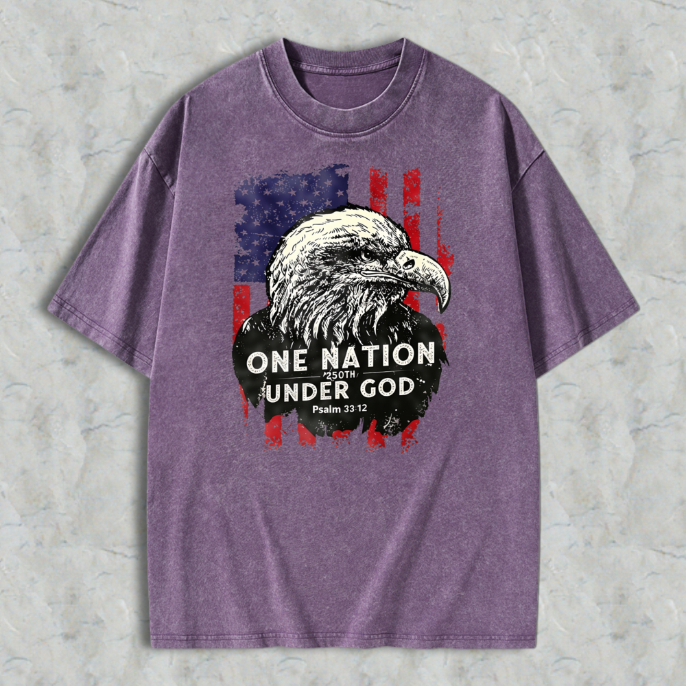 Eagle And American Flag With One Nation Under God Text Washed T-shirt