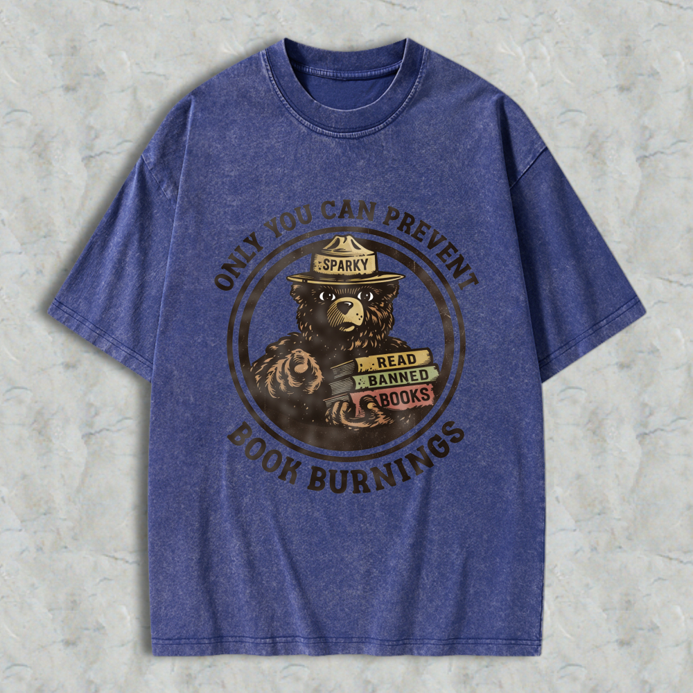 Wardrobecart Bear Reading Banned Books Sparky Ranger Hat Only You Can Prevent Book Burning Unisex Washed T-shirt