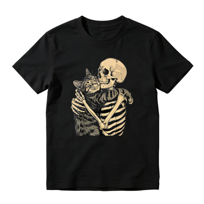 Skeleton Hugging Tabby Cat Vintage Illustration, Unisex Classic T-shirt