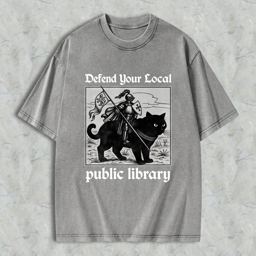 Wardrobecart Knight And Cat Defend Your Local Public Library Unisex Washed T-shirt
