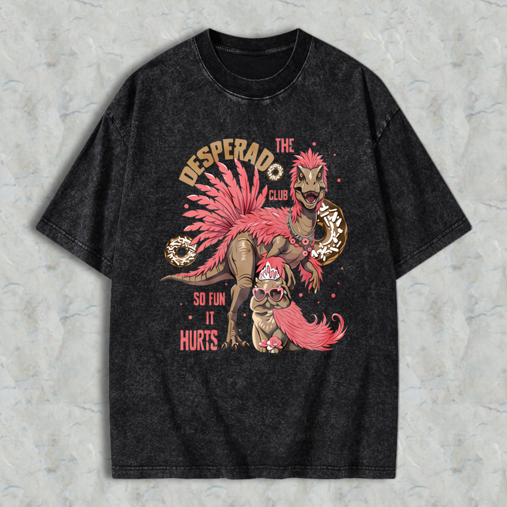 Wardrobecart Desperado Club Dinosaur With Donuts And Pink Hair Unisex Washed T-shirt
