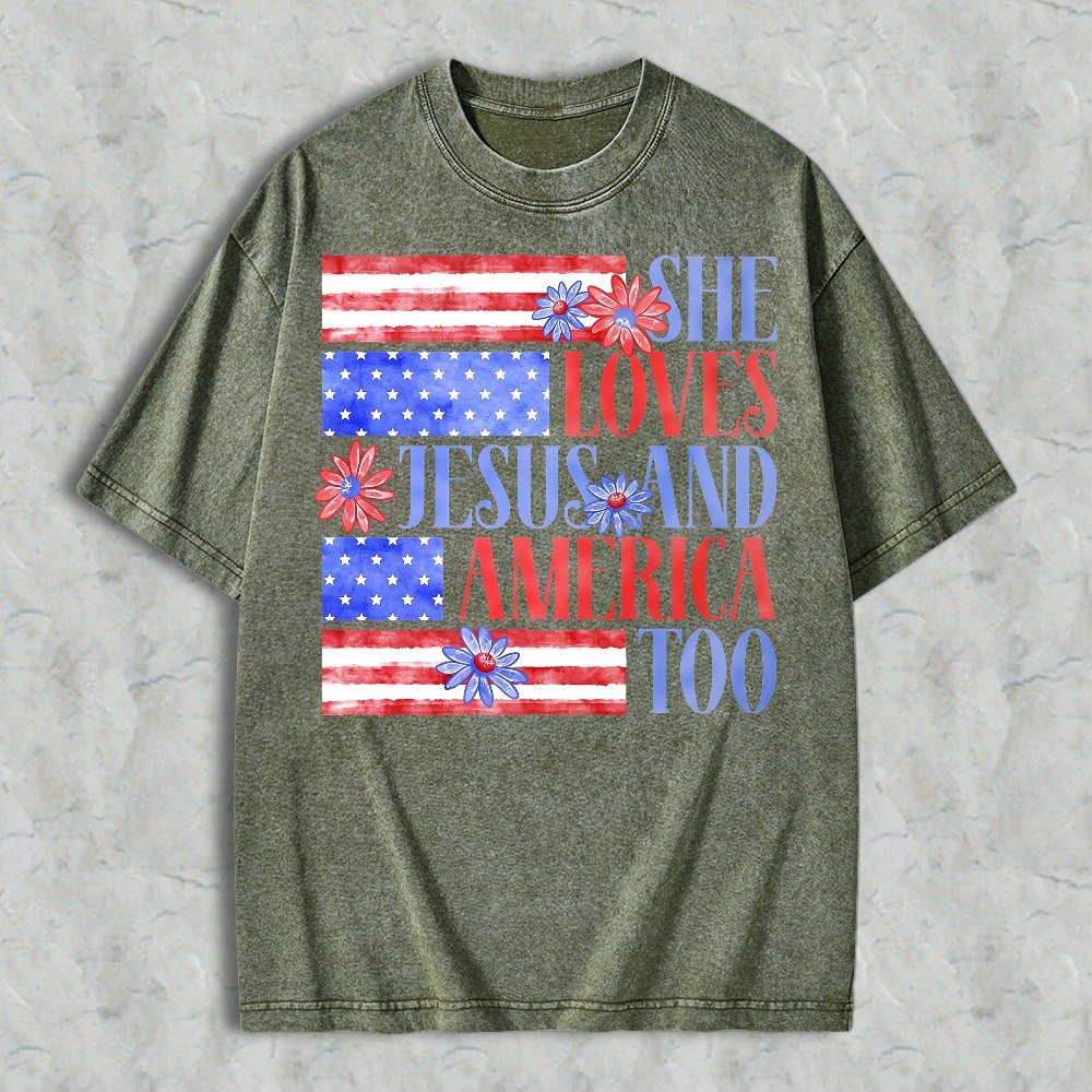 She Loves Jesus And America Too Patriotic Flag Floral Design Washed T-shirt