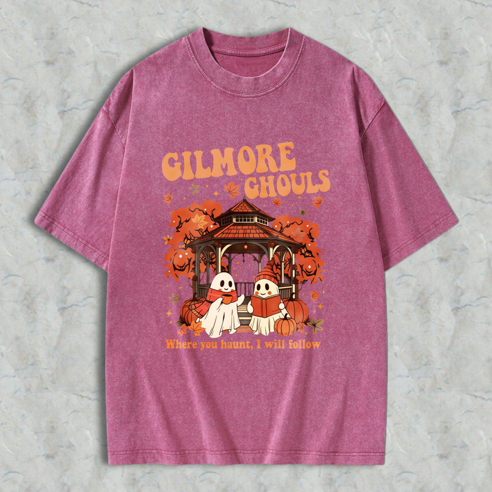Wardrobecart Gilmore Ghouls Halloween Ghosts And Pumpkin House Design Unisex Washed T-shirt