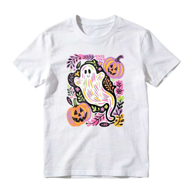 Cute Ghost And Pumpkin Halloween Floral Pattern, Unisex Classic T-shirt