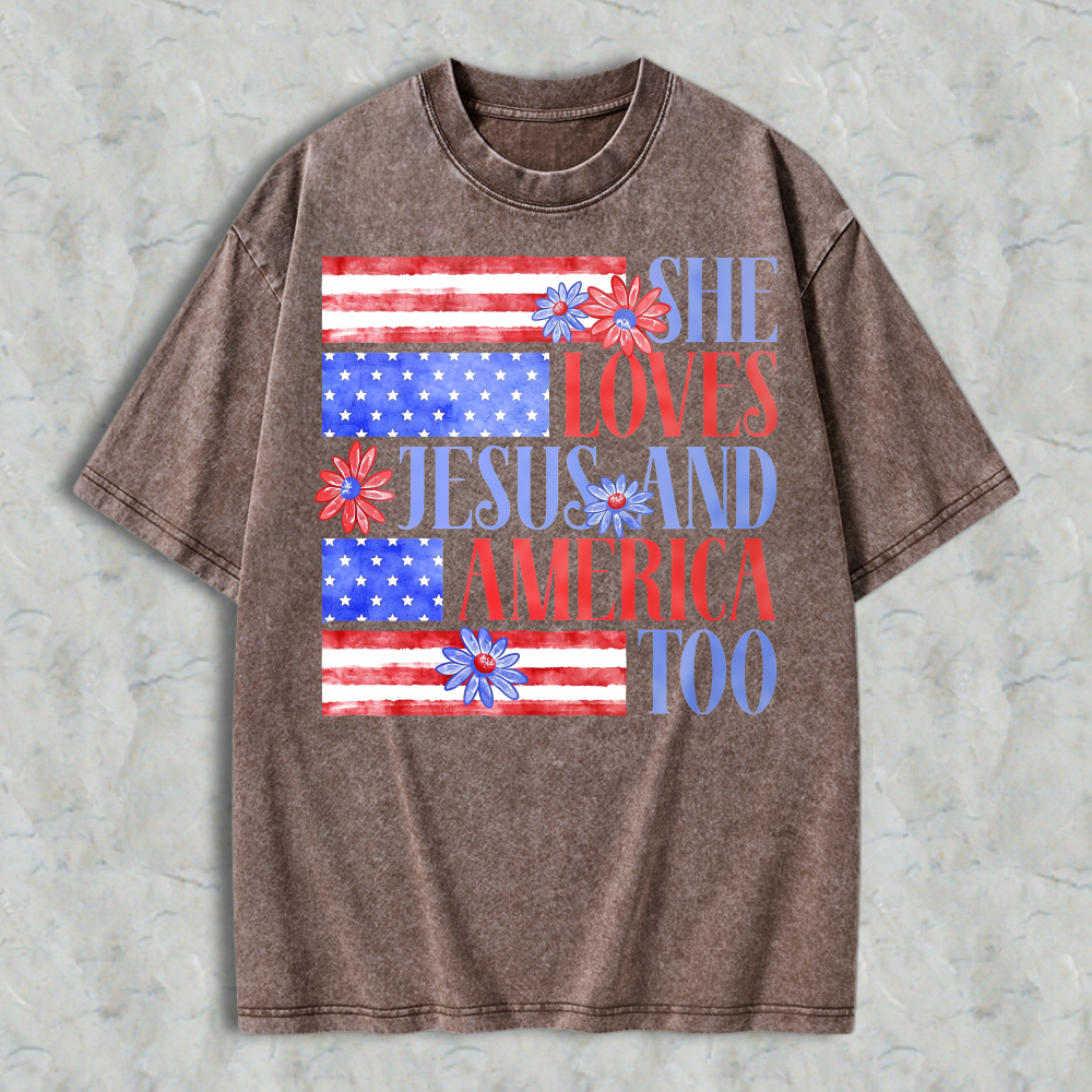 She Loves Jesus And America Too Patriotic Flag Floral Design Washed T-shirt