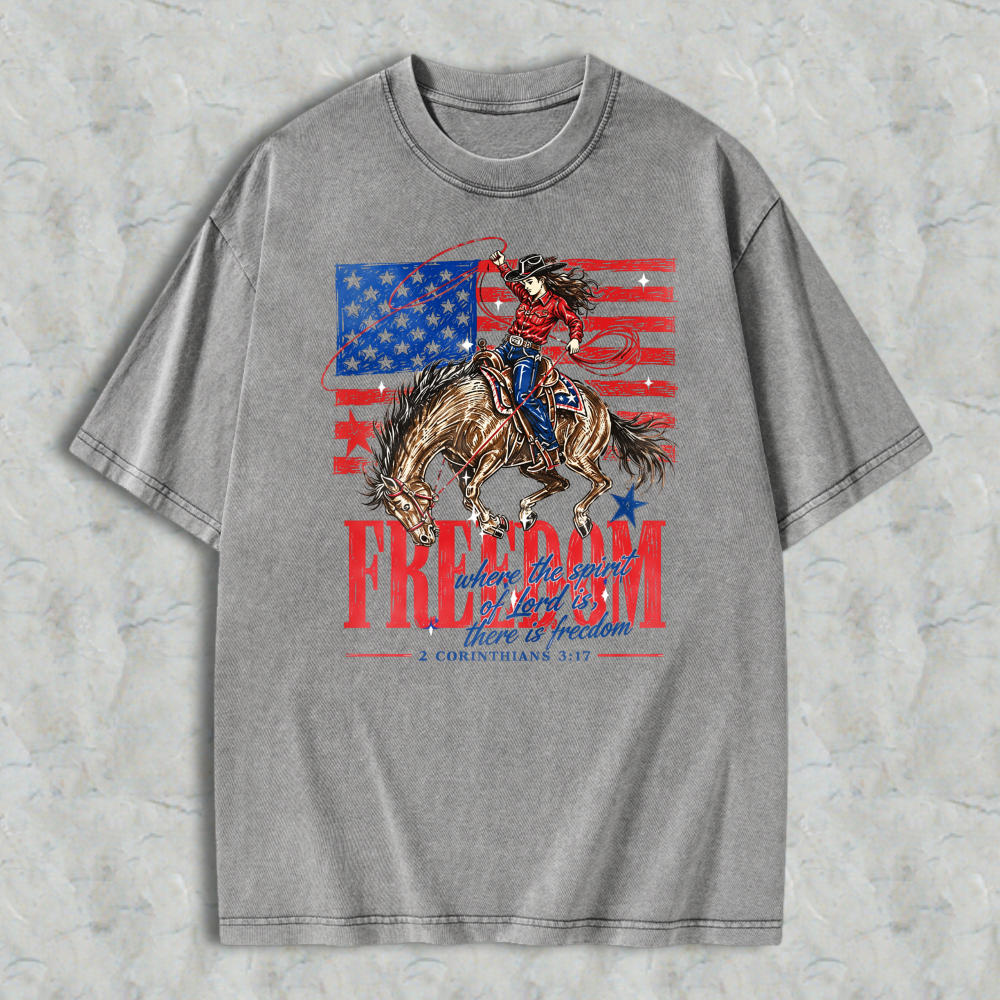 American Flag Cowboy Riding Horse Freedom Washed T-shirt