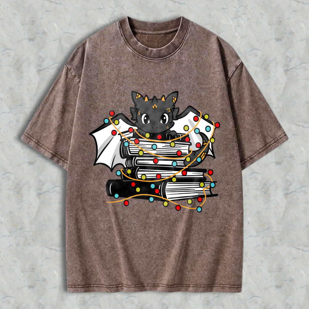 Wardrobecart Cute Bat With Books And Christmas Lights Unisex Washed T-shirt