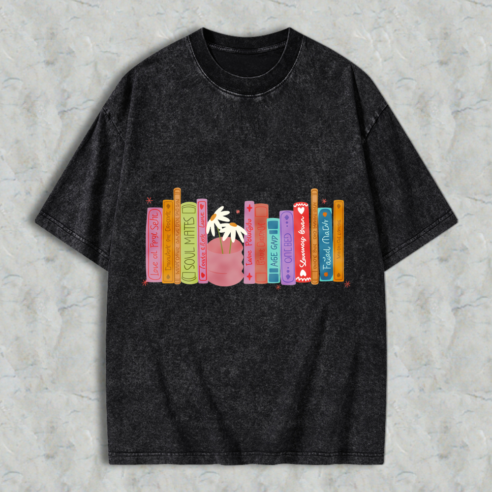 Wardrobecart Bookshelf With Palm Tree And Colorful Books Unisex Washed T-shirt