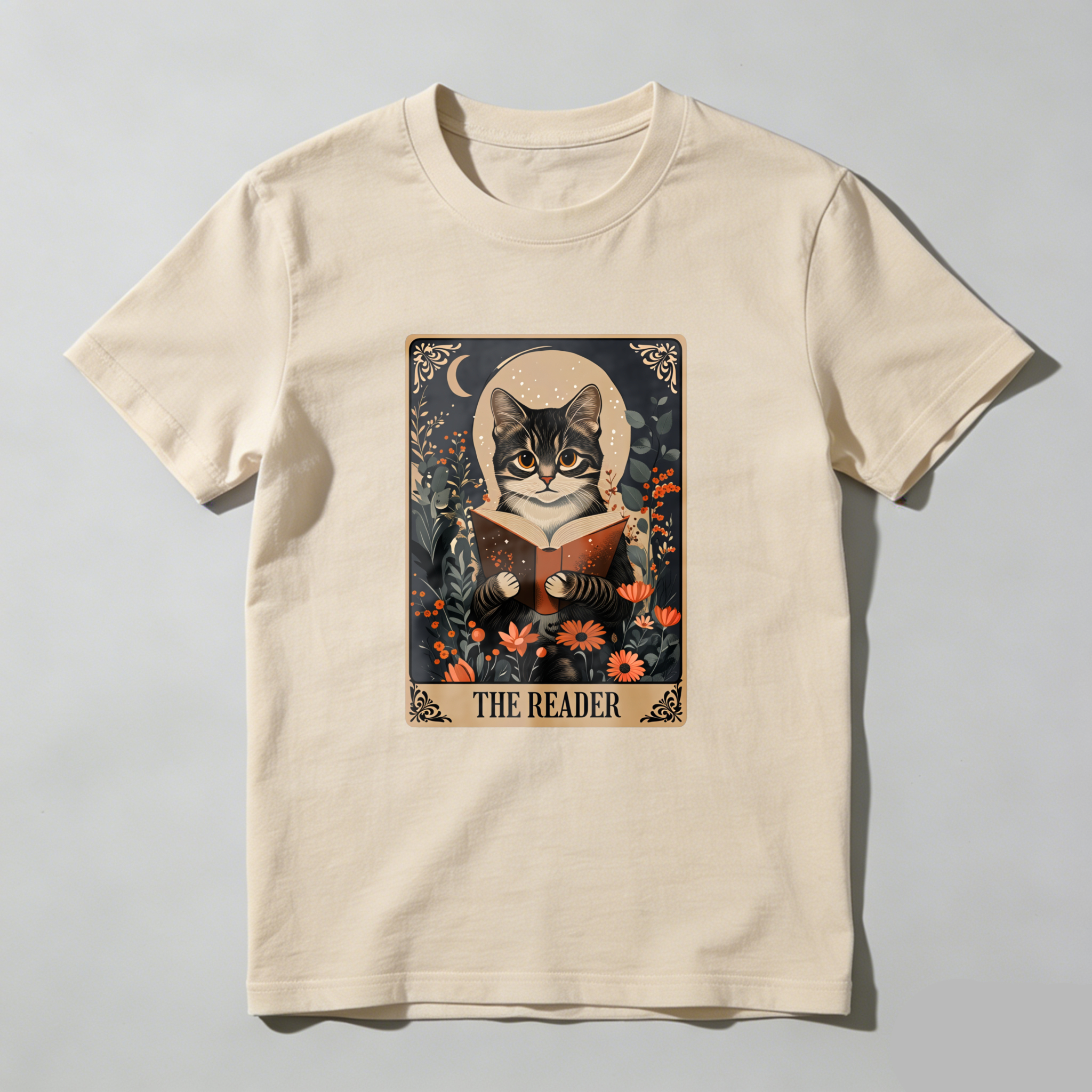 Wardrobecart Cat Reading Book Floral Moon Design Tshirt