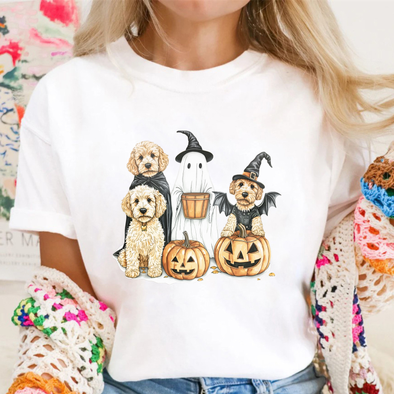 Halloween Dogs In Witch And Ghost Costumes With Pumpkins, Unisex Classic T-shirt