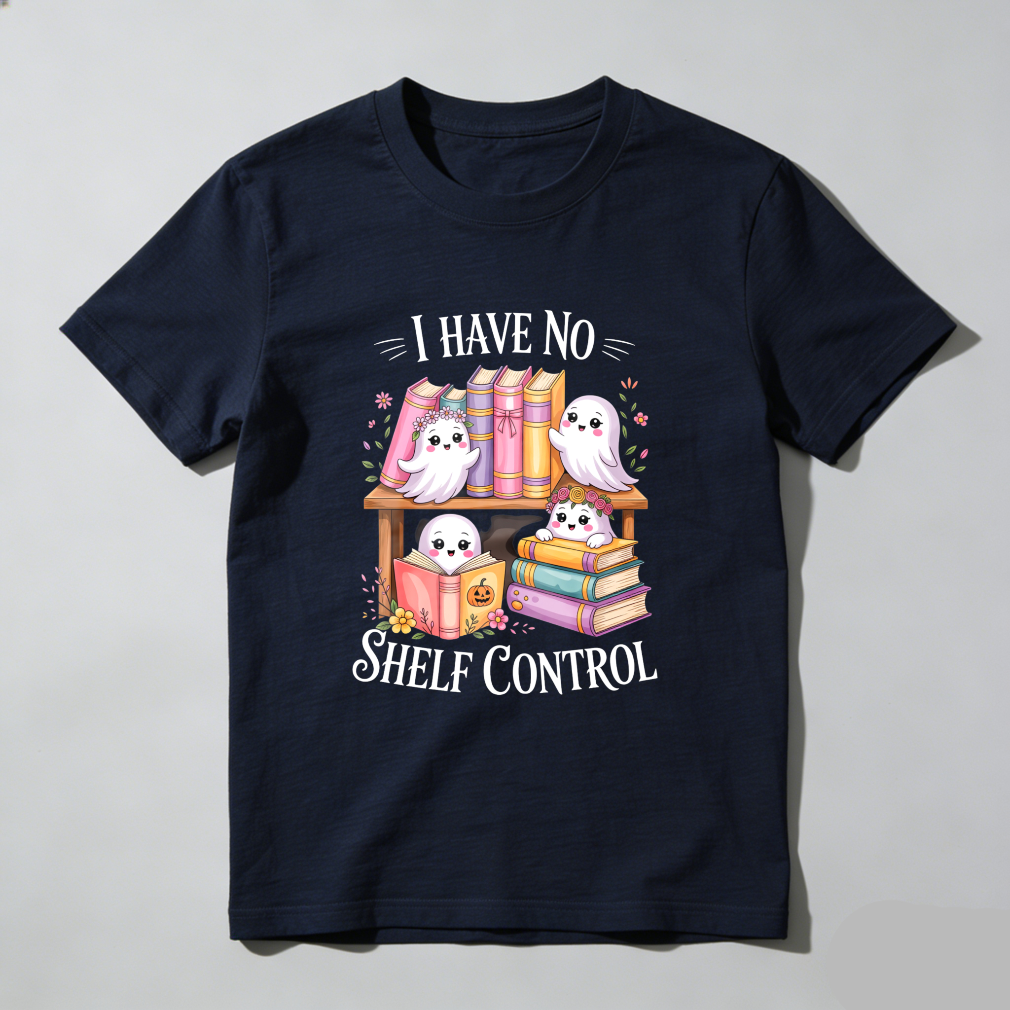Wardrobecart Cute Ghosts Reading Books With Floral Accents And Text I Have No Shelf Control Unisex Classic T-shirt