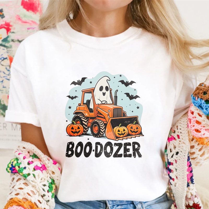 Halloween Ghost Driving Bulldozer With Jack O Lanterns And Bats Boo Dozer Unisex Classic T Shirt