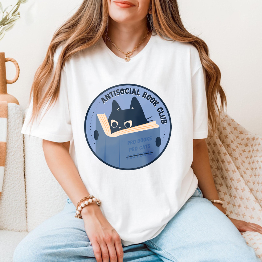 Wardrobecart Antisocial Book Club Cat Reading Book Tshirt