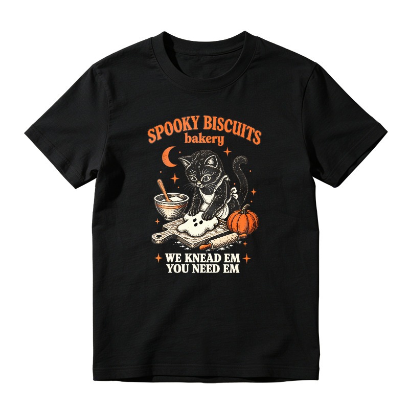 Spooky Biscuits Bakery Black Cat Kneading Dough Pumpkin Halloween Humor, Unisex Classic T-shirt
