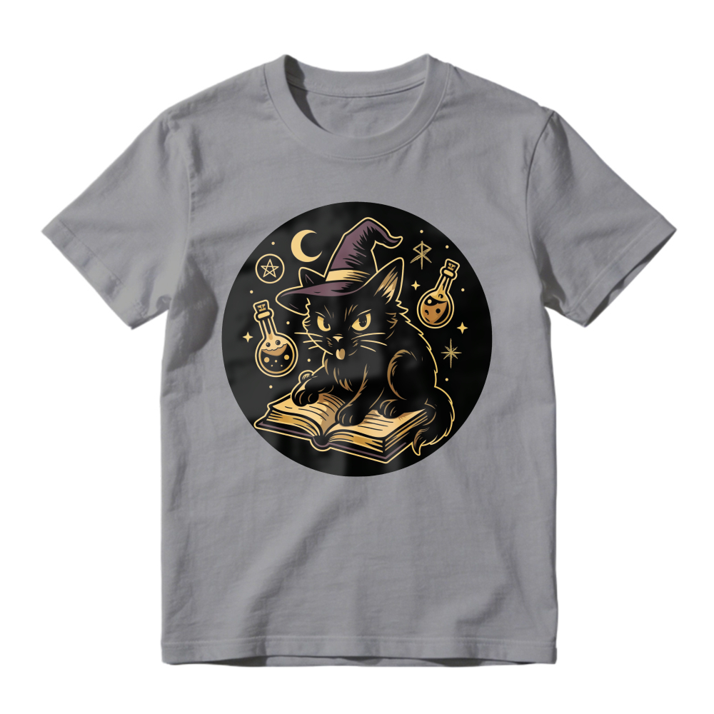 Witch Cat Reading Magic Book With Potions And Moon, Unisex Classic T-shirt