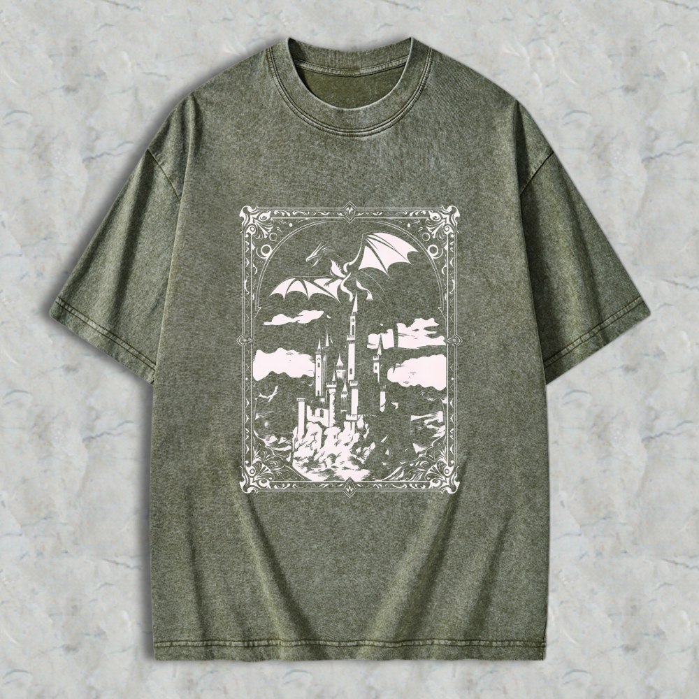 Wardrobecart Fantasy Castle Dragon Sky Scene Unisex Washed T-shirt