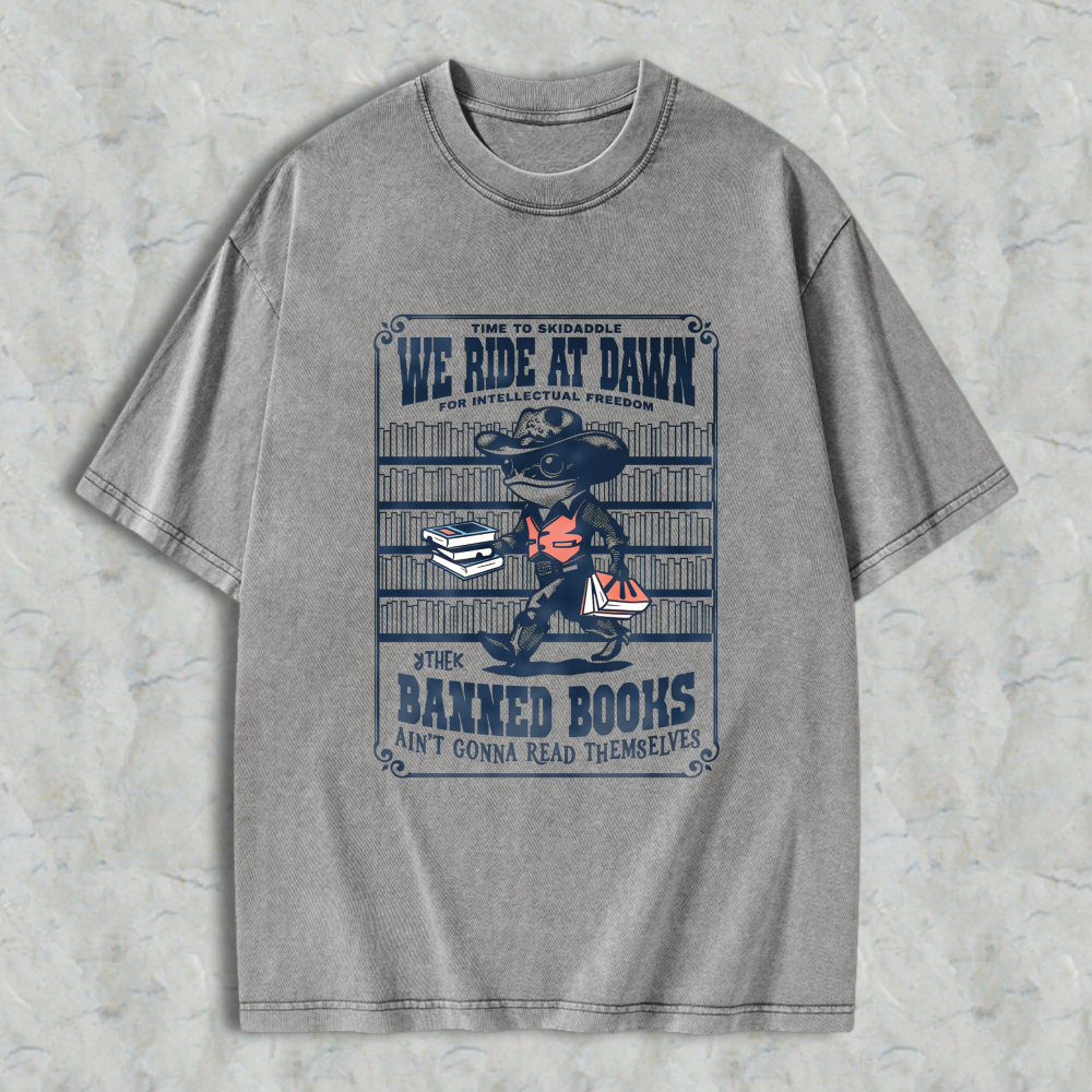 Wardrobecart We Ride At Dawn Baked Books Unisex Washed T-shirt