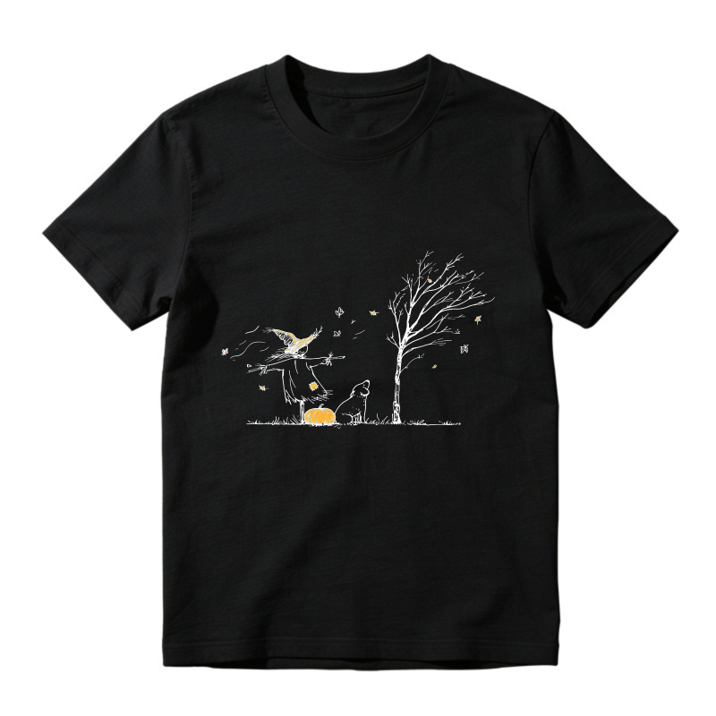 Scarecrow With Cat And Pumpkin Under Bare Tree Autumn Scene, Unisex Classic T-shirt