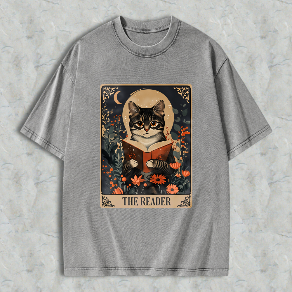 Wardrobecart Cat Reading Book With Flowers And Moon The Reader Unisex Washed T-shirt