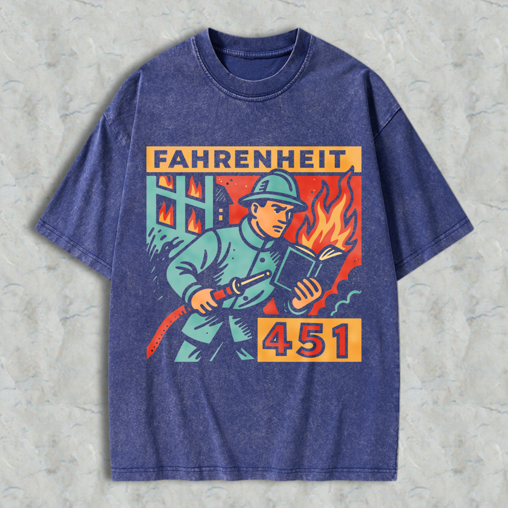 Wardrobecart Fahrenheit 451 Firefighter Holding Book With Flames Pattern Unisex Washed T-shirt