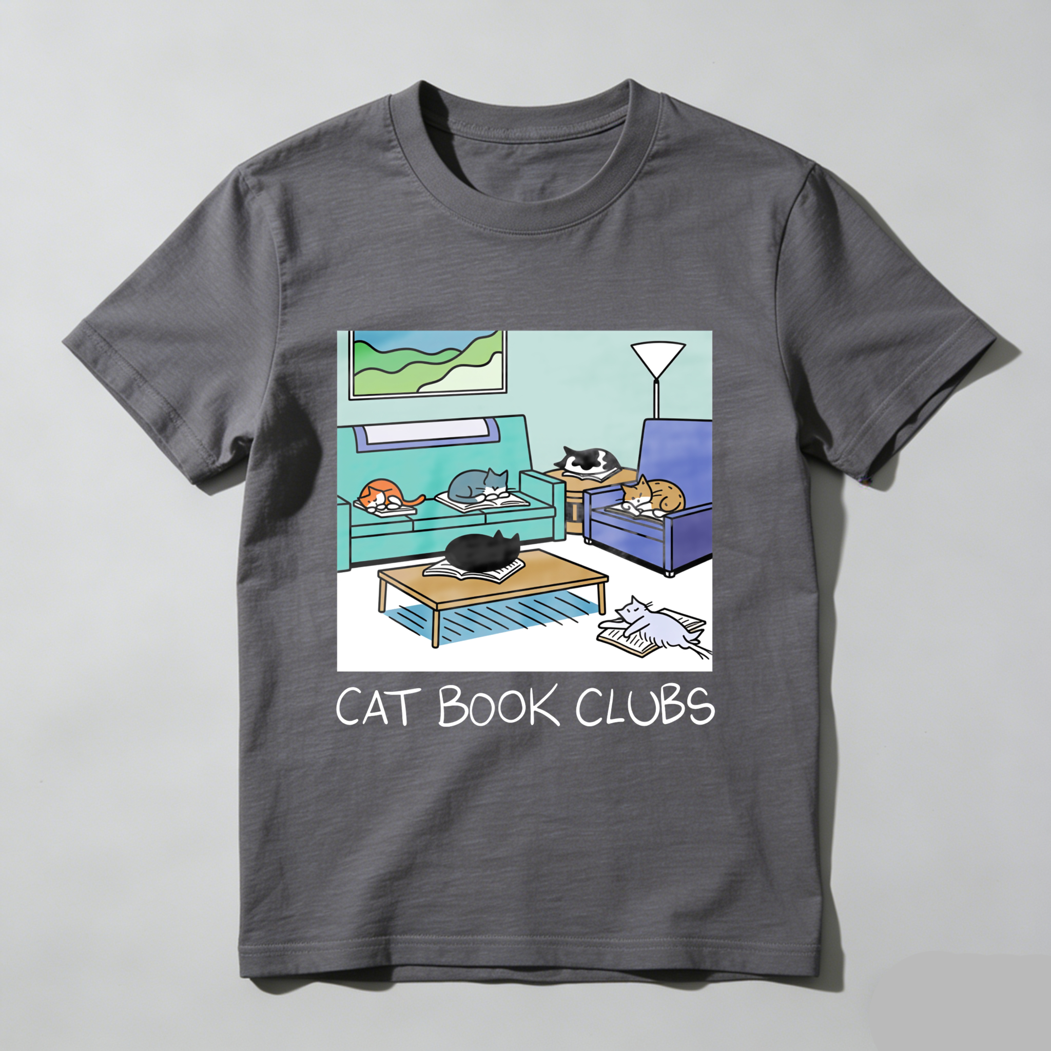 Wardrobecart Cat Book Clubs Cozy Living Room Scene Tshirt