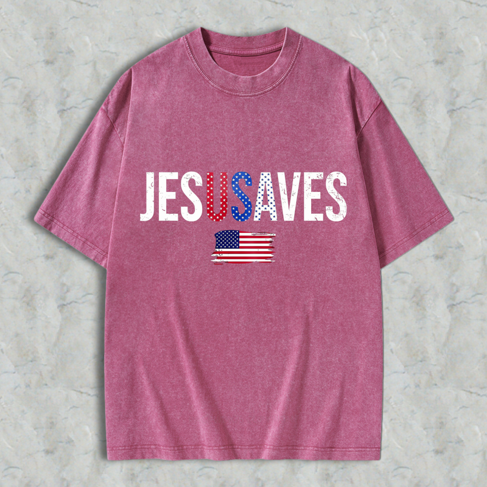 Jesus Saves With American Flag Design Washed T-shirt