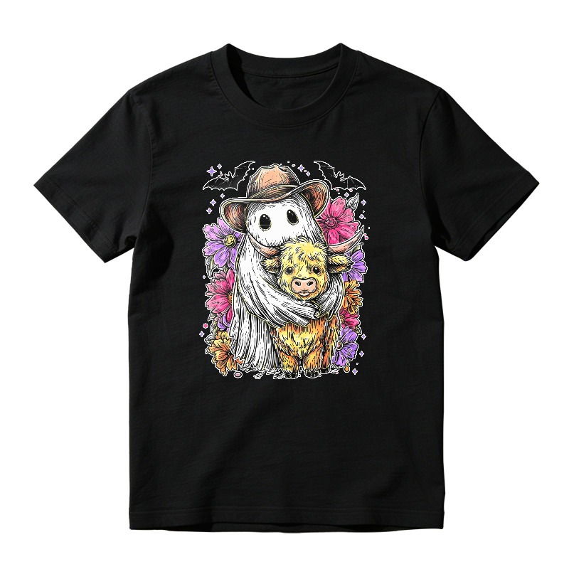 Ghost Cowboy Hugging Calf With Flowers And Bats, Unisex Classic T-shirt