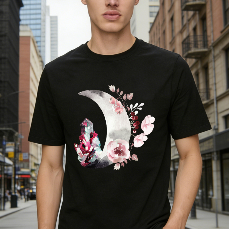 Crescent Moon With Pink Flowers And Crystals Graphic, Unisex Classic T-shirt