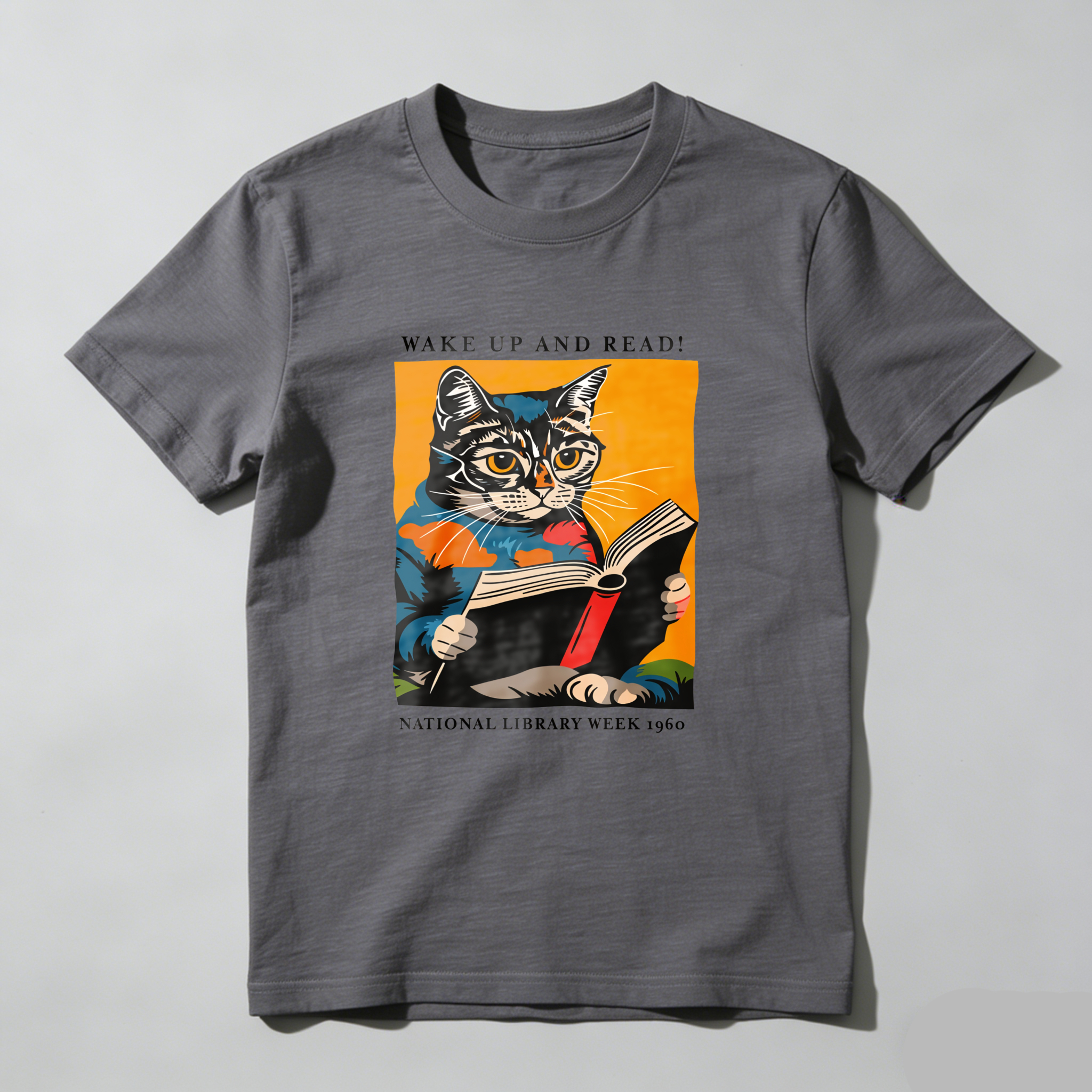 Wardrobecart Cat Reading Book With Text Wake Up And Read National Library Week 1960 Tshirt 100% cotton