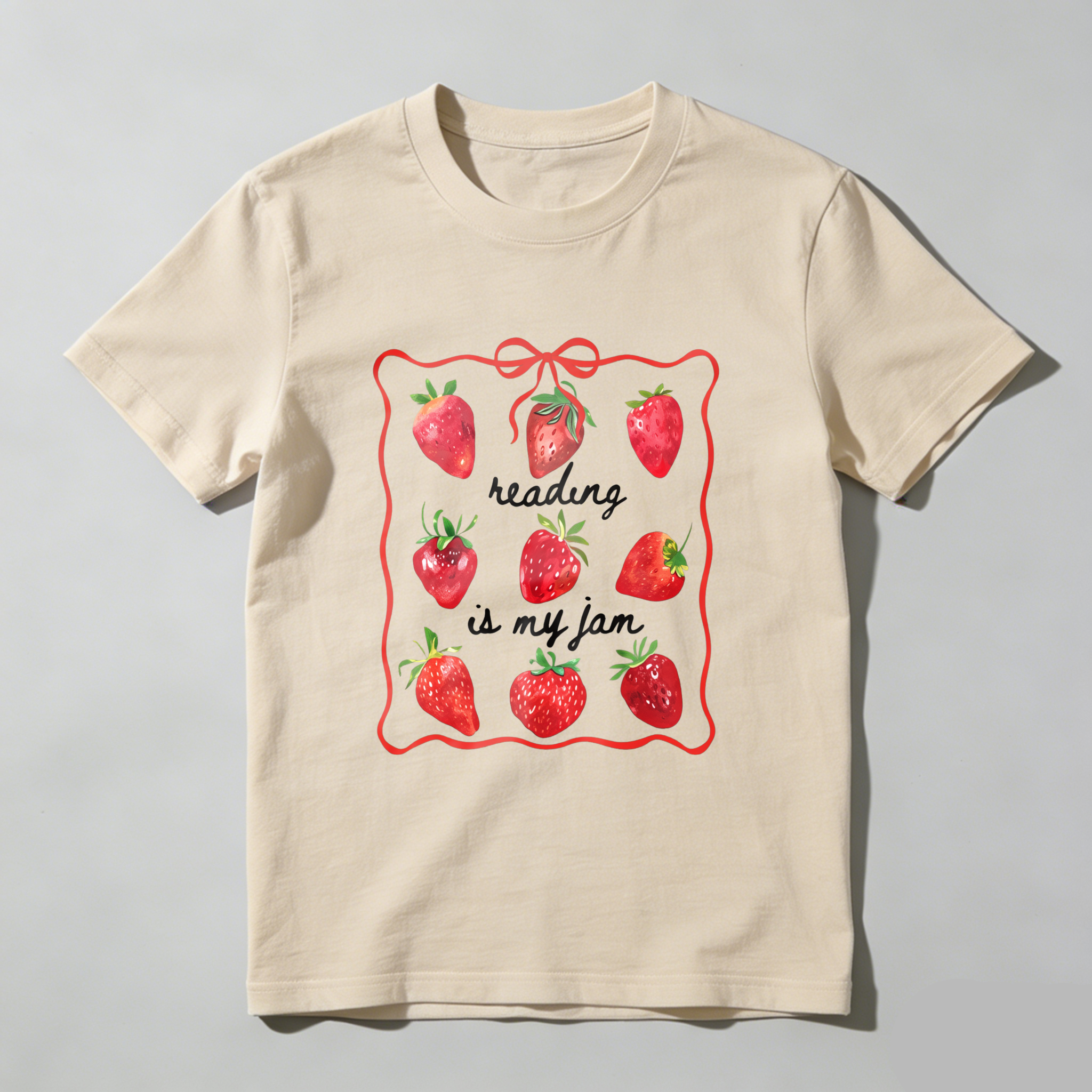 Wardrobecart Strawberries Framed With Reading Is My Jam Text Tshirt