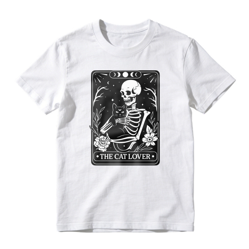 Skeleton Holding Black Cat, The Cat Lover, Moon Phases And Flowers, Unisex Classic T-shirt