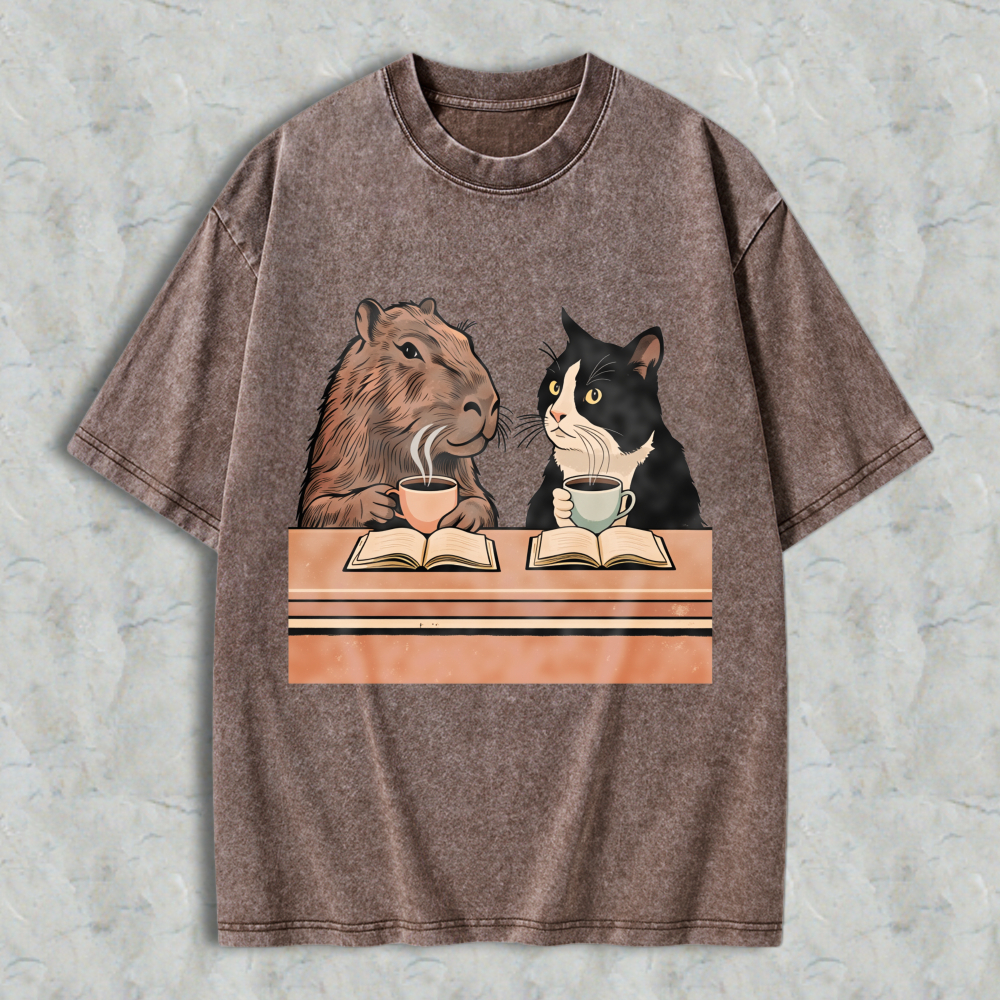 Wardrobecart Capybara And Cat Reading Books With Tea Unisex Washed T-shirt