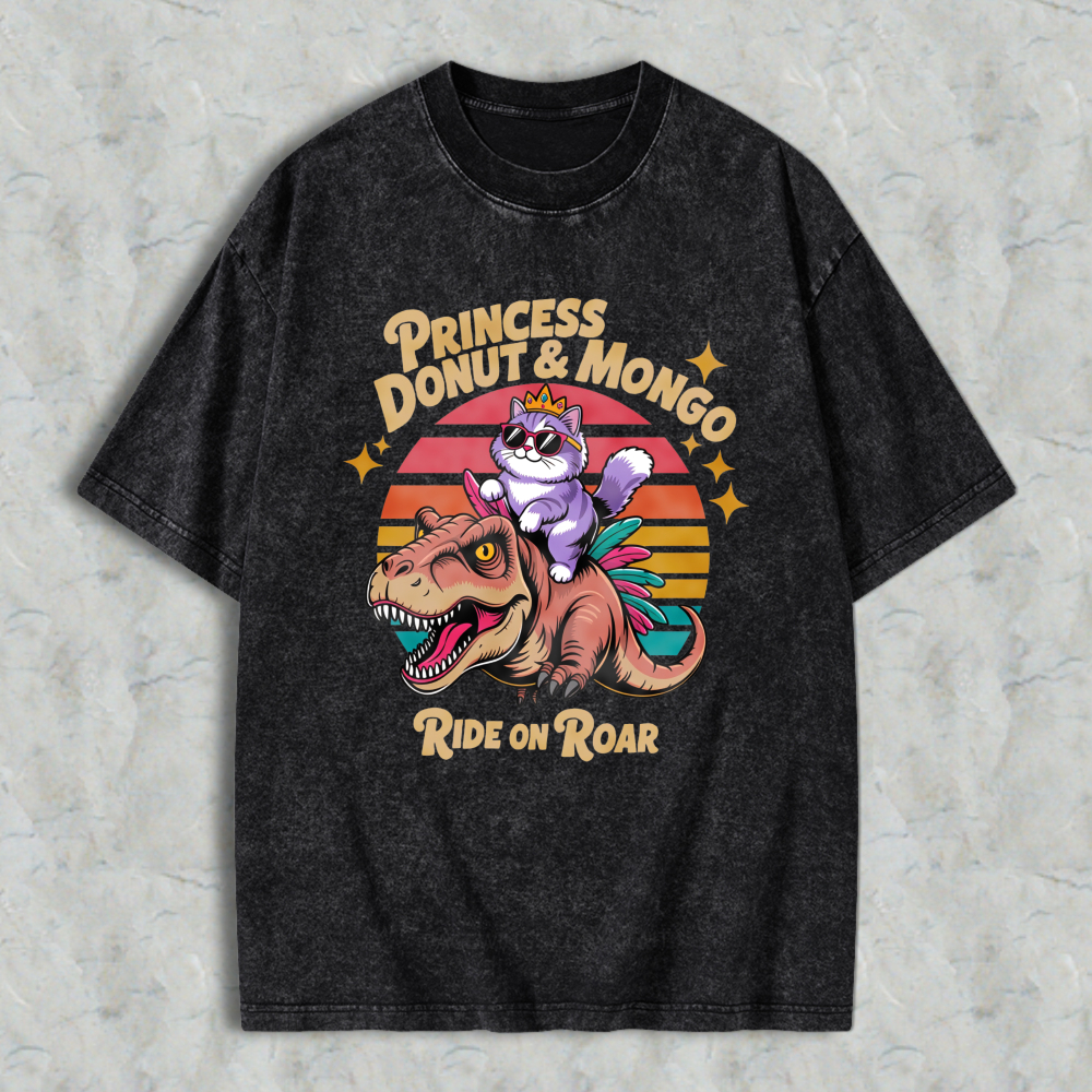 Wardrobecart Princess Donut And Mongo Ride On Roar Cat Riding Dinosaur Vintage Sunset Design Unisex Washed T-shirt