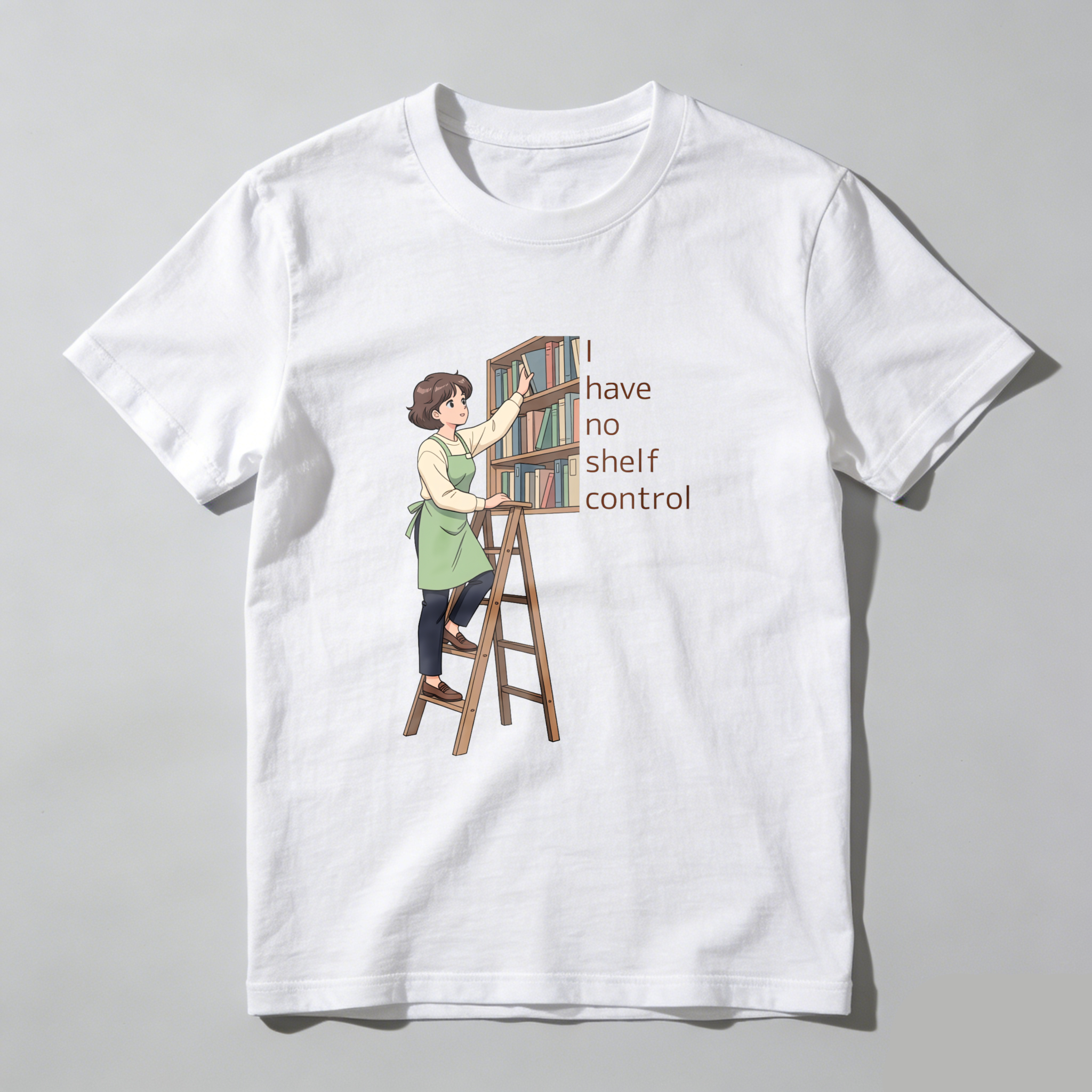 Wardrobecart Woman On Ladder Reaching Bookshelf With Text I Have No Shelf Control Unisex Classic T-shirt