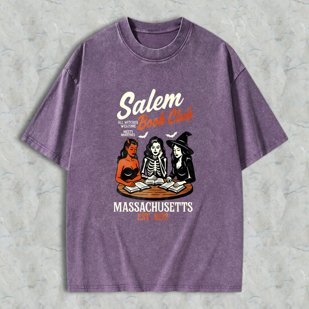 Wardrobecart Salem Book Club Massachusetts Est 1692 Witch Reading Books Vintage Horror Theme Unisex Washed T-shirt