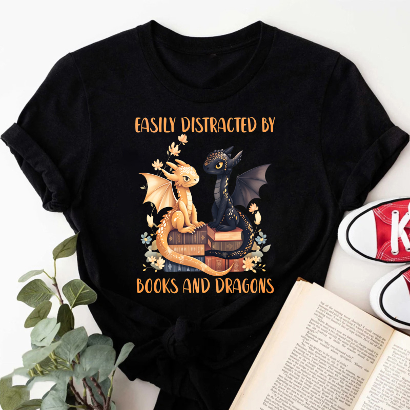 Wardrobecart Easily Distracted By Books And Dragons Tshirt