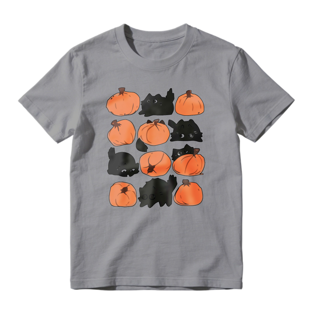 Cute Black Cats And Orange Pumpkins Grid Pattern, Unisex Classic T-shirt
