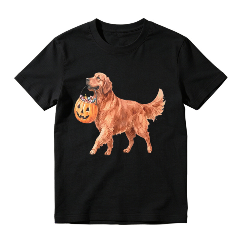Golden Retriever Holding Halloween Pumpkin Bucket, Unisex Classic T-shirt