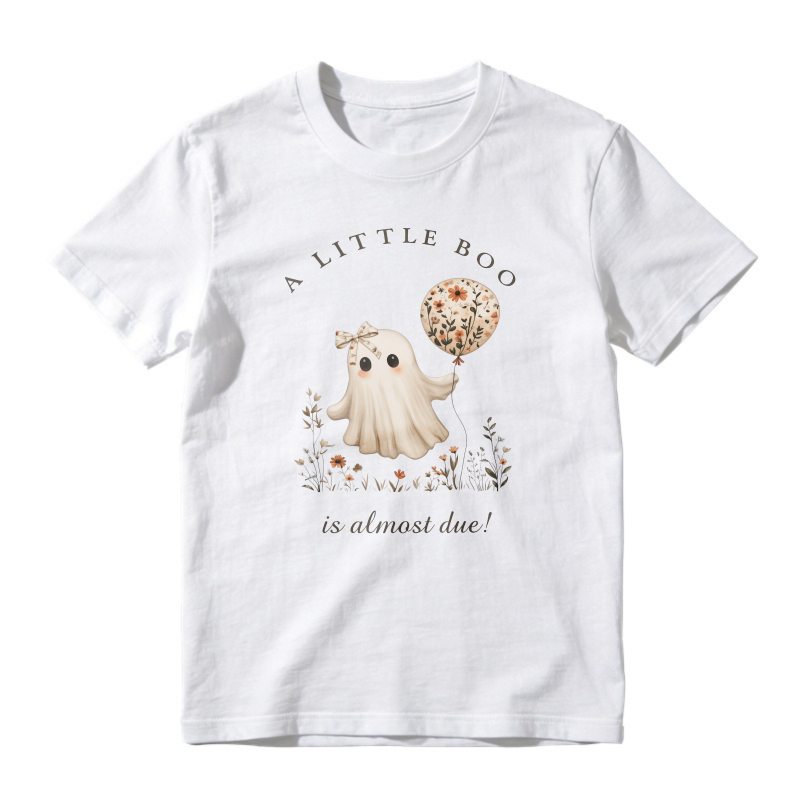 Cute Ghost Holding Floral Balloon A Little Boo Is Almost Due Halloween Pregnancy Announcement Unisex Classic T-shirt