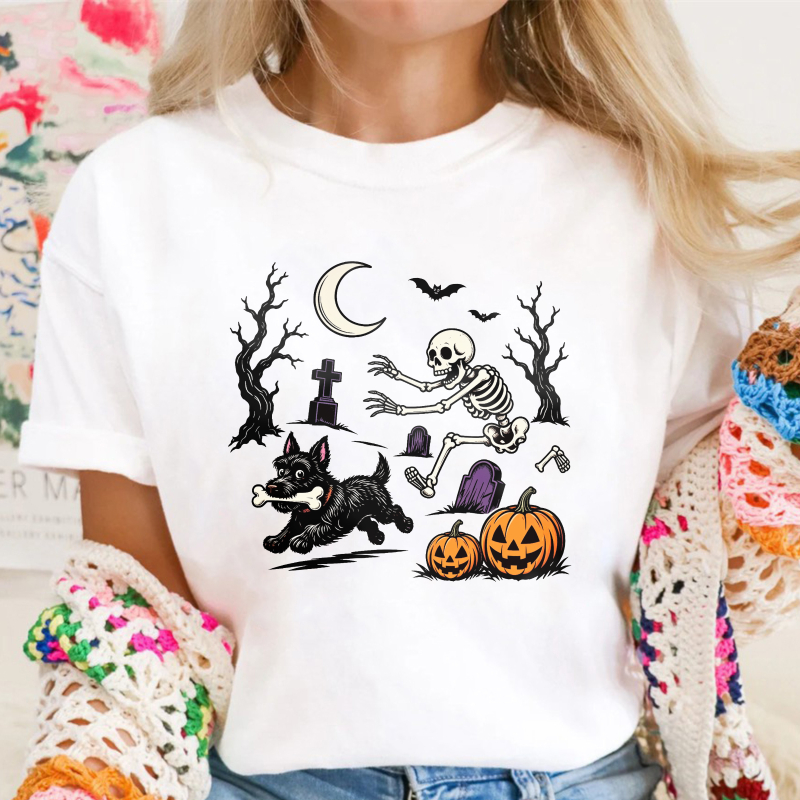 Halloween Skeleton Running With Black Dog And Pumpkins Graveyard Scene, Unisex Classic T-shirt