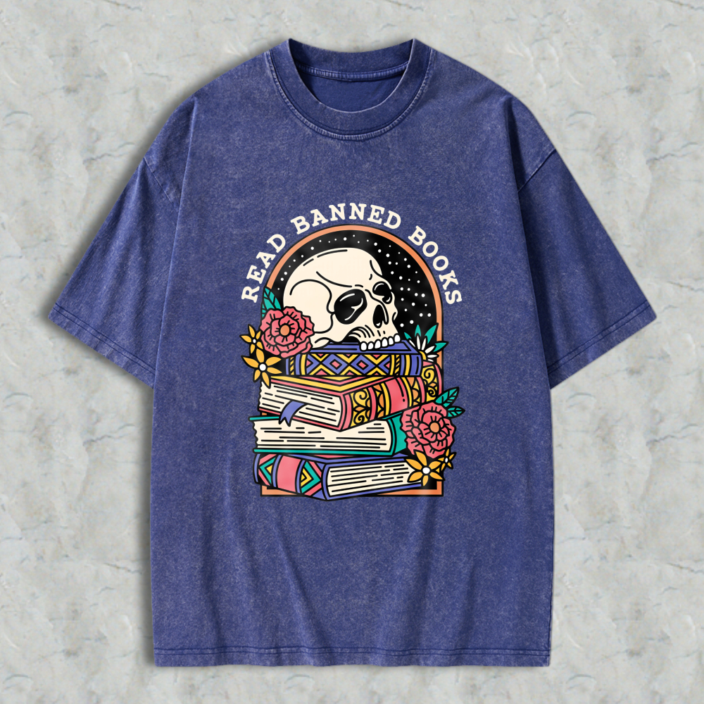 Wardrobecart Skull And Books With Flowers Read Banned Books Unisex Washed T-shirt