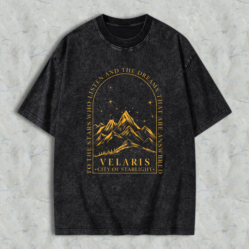Wardrobecart Mountain Landscape With Stars And Text Velaris City Of Starlight Unisex Washed T-shirt