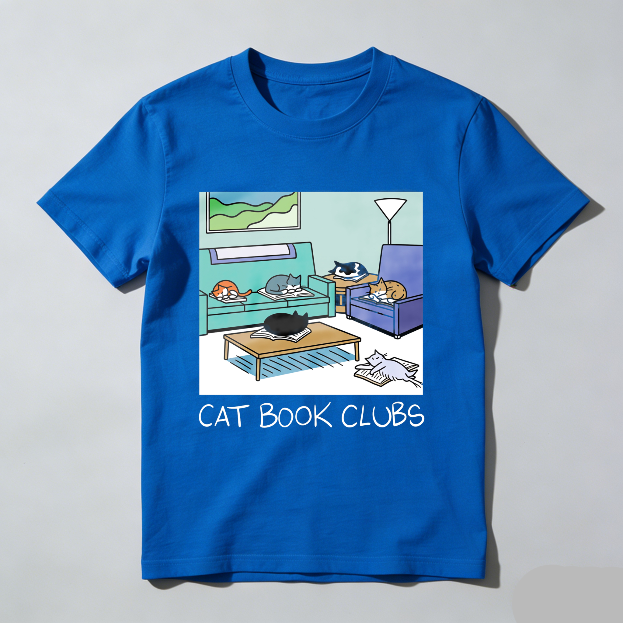 Wardrobecart Cat Book Clubs Cozy Living Room Scene Tshirt