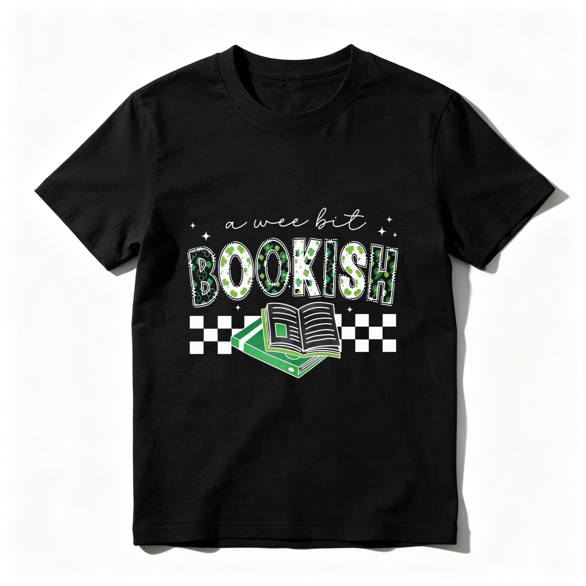 Wardrobecart A Wee Bit Bookish With Open Book And Checkered Pattern tshirt