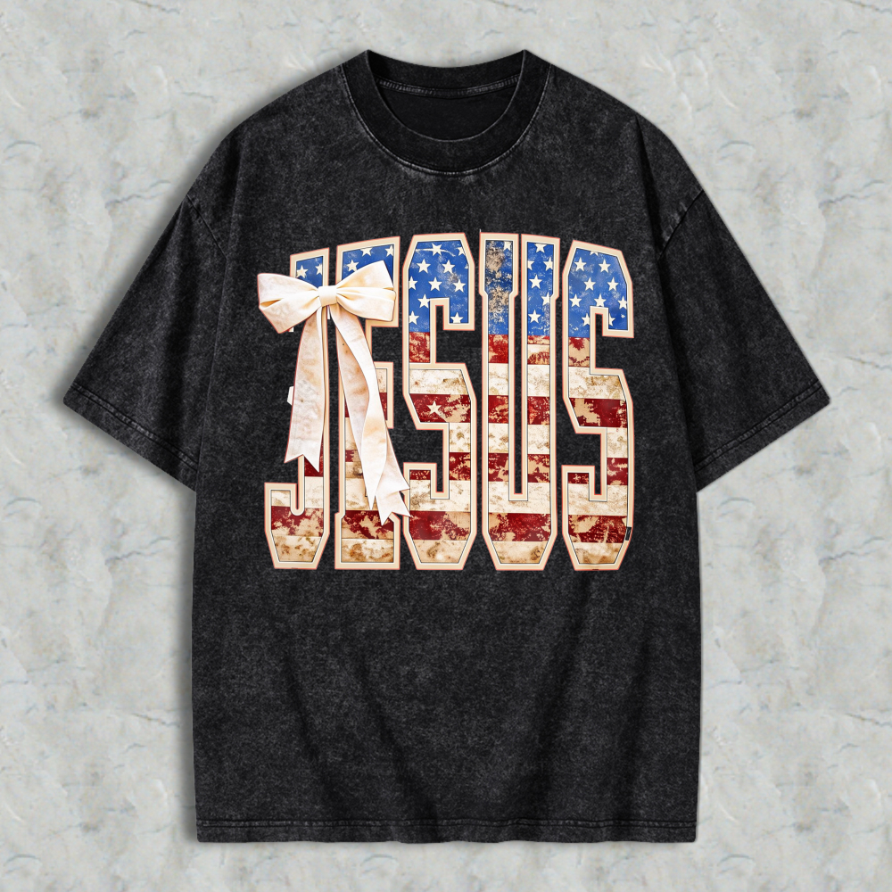 Jesus American Flag Design Washed T-shirt
